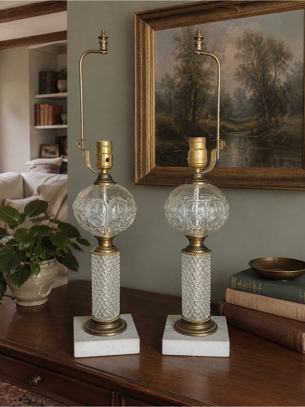 Brass and Cut Glass Table Lamp Pair in Clear and Gold